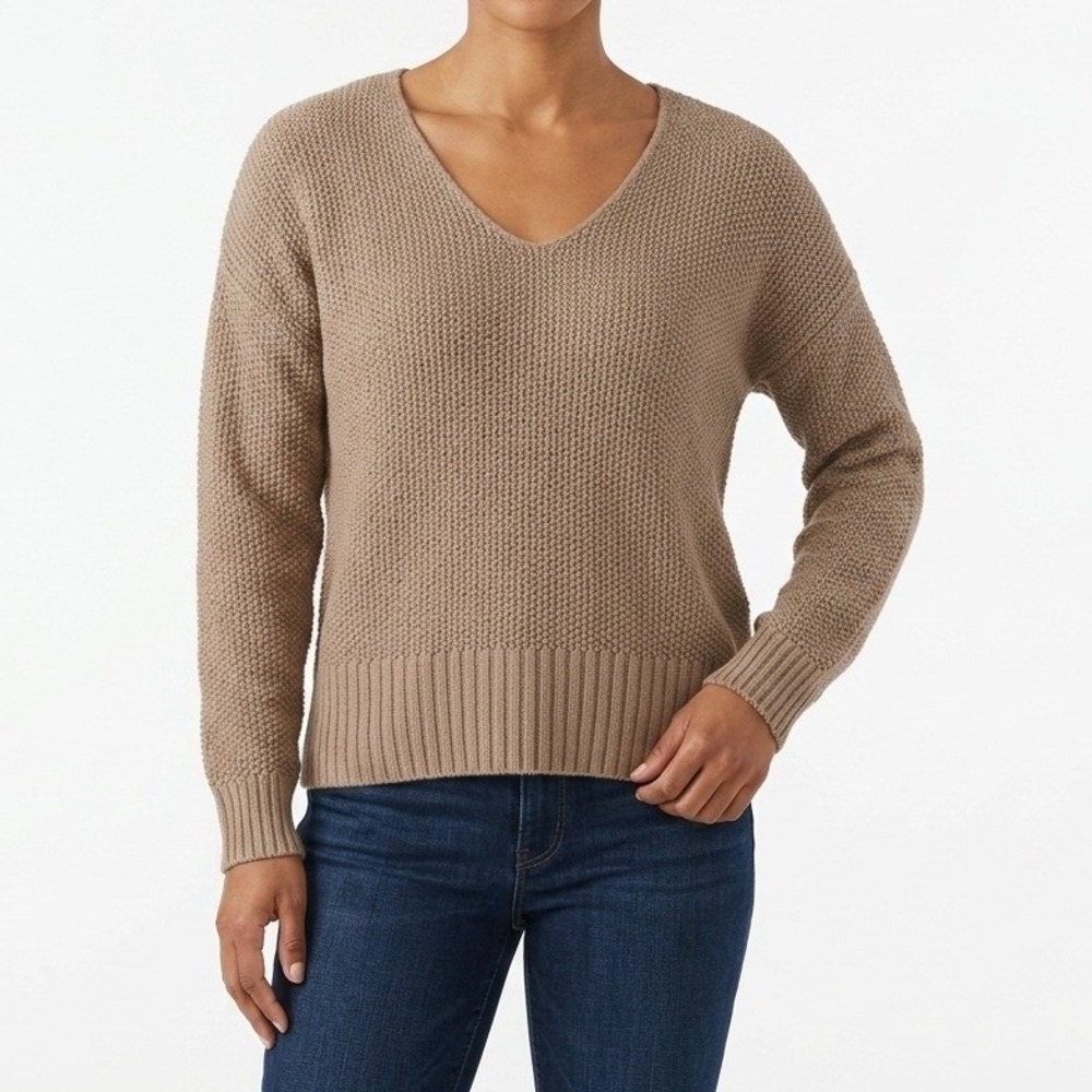 Lucky Brand V-Neck Shaker Knit Sweater S Brown Taupe Drop Shoulder Capsule